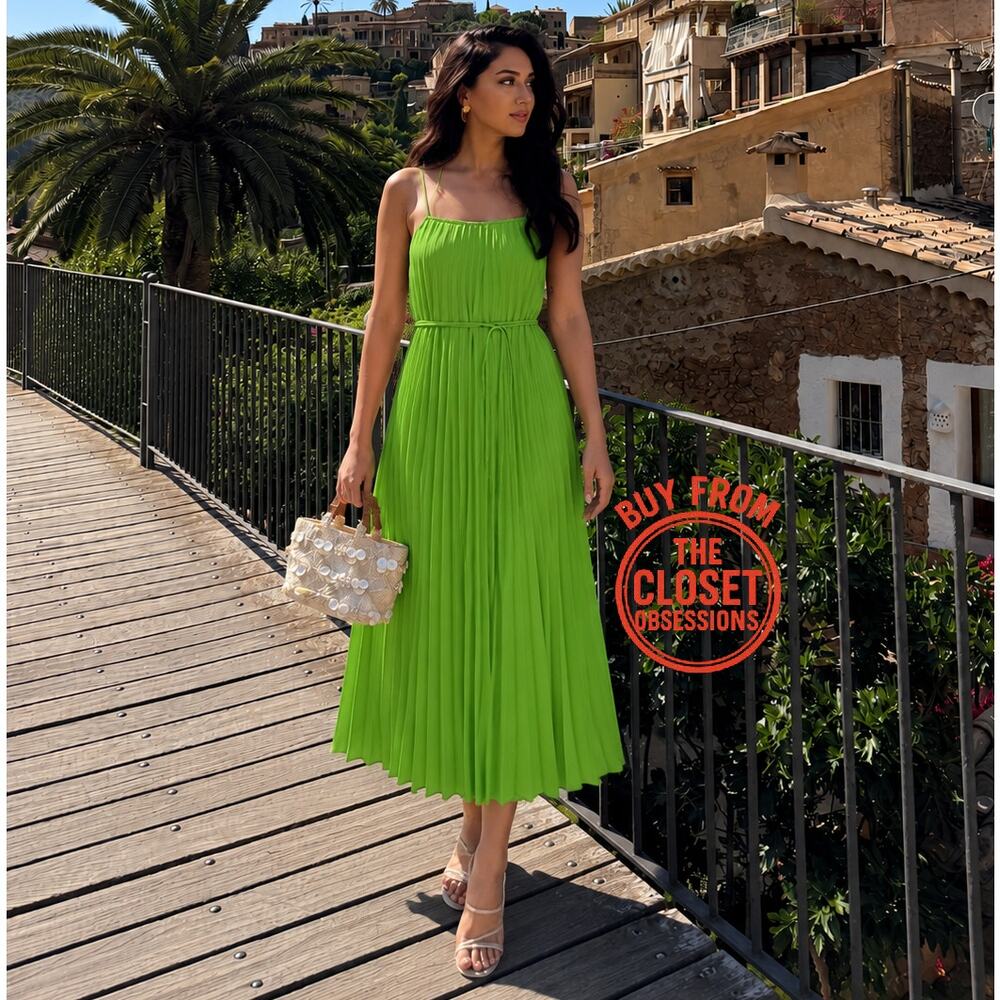 Mango NWT Lime Green Pleated Midi Dress Bow Belt 6 8 - Picture 10 of 16